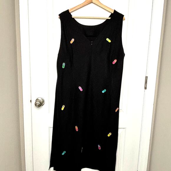 Megan Lee Wms 22W Vintage Black Linen Blend Embroidered Flip Flops Midi Dress - Picture 2 of 10